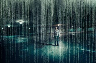 PROD Mixed race girl standing in parking lot under raining binary code