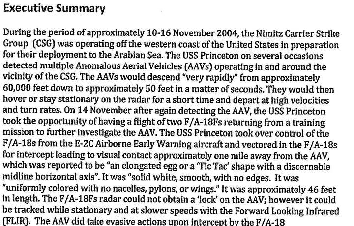 Unofficial executive summary of the incident. Navy officials say Unknown Individuals forced them to erase UFO evidence(Nimitz UFO case)