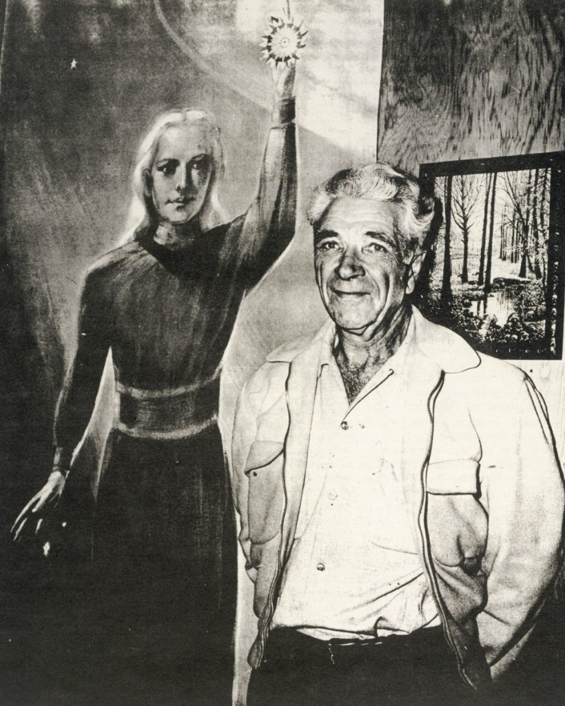 George Adamski stands in front of a painting by Gay Betts depicting the Venusian space pilot (Orthon) he met in the Mojave Desert, California