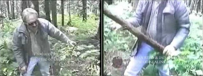 Reed is in the woods at the scene of the incident, showing how he hit the alien with a stick.