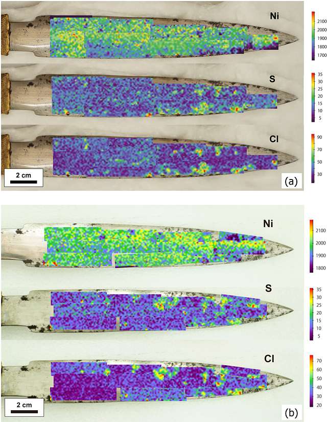 The Origin Of Tutankhamun's Dagger Finally Revealed 5 Speckled color patterns indicate an analogous elemental distribution. In the S and Cl maps, the areas of high concentration are heterogeneously present. Color scale bar numbers show integrated counts in the peak area of each element