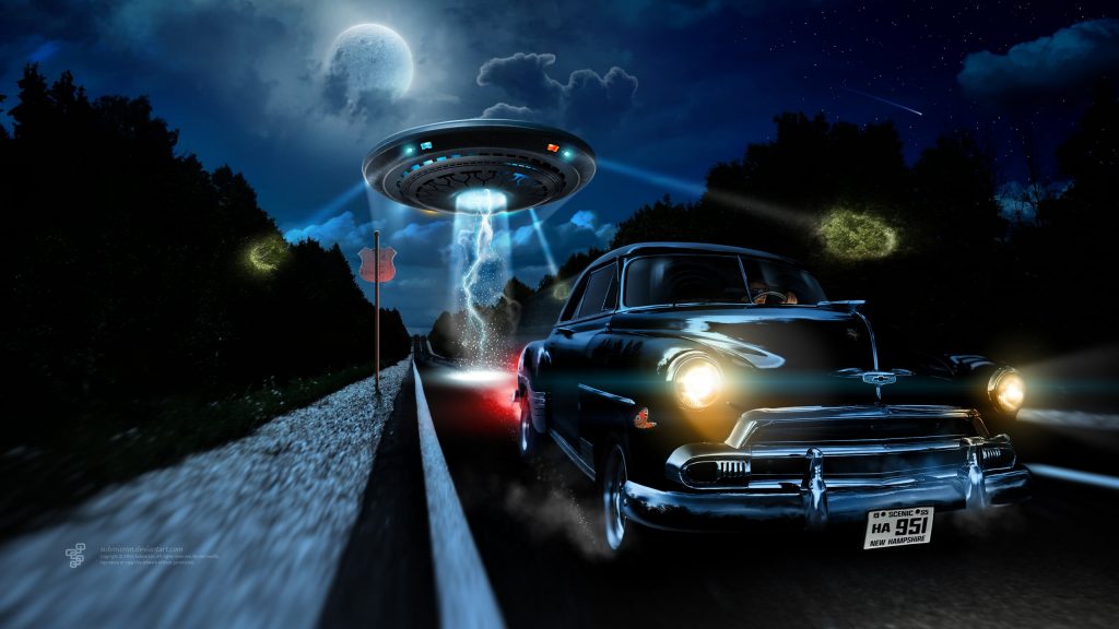The UFO Encounter Of Maureen Puddy: UFO Sightings, Psychic Aliens And Strange Interior Of A UFO 2 Depiction of a U.F.O chasing a car (Maureen Puddy)