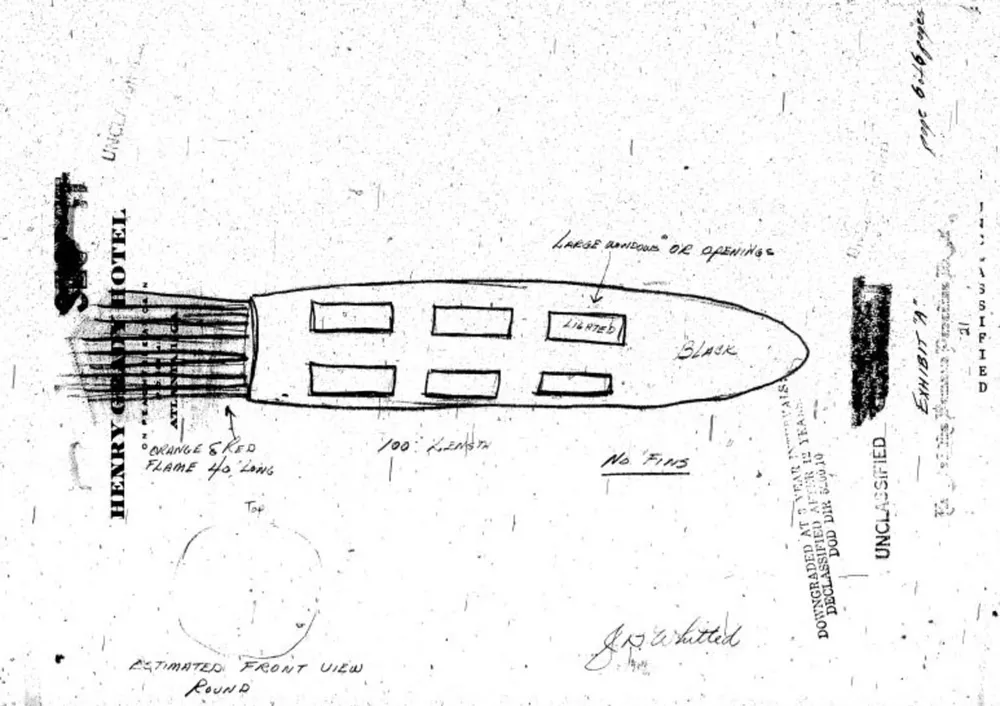 Sketch of the UFO by John Whitted. Destruction Of Reports By U.S. Air Force
