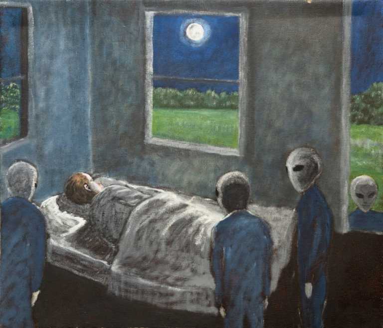 David Huggins’ drawing represents the encounter with the so-called Gray alien.
