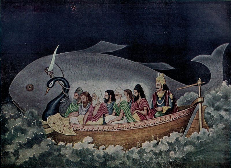 Matsya incarnation rescuing the saptrishis from the universal flood.  Kali Yuga