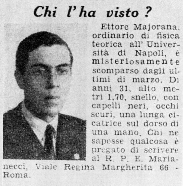 Announcement of the disappearance of Ettore Majorana printed in the Domenica del Corriere
