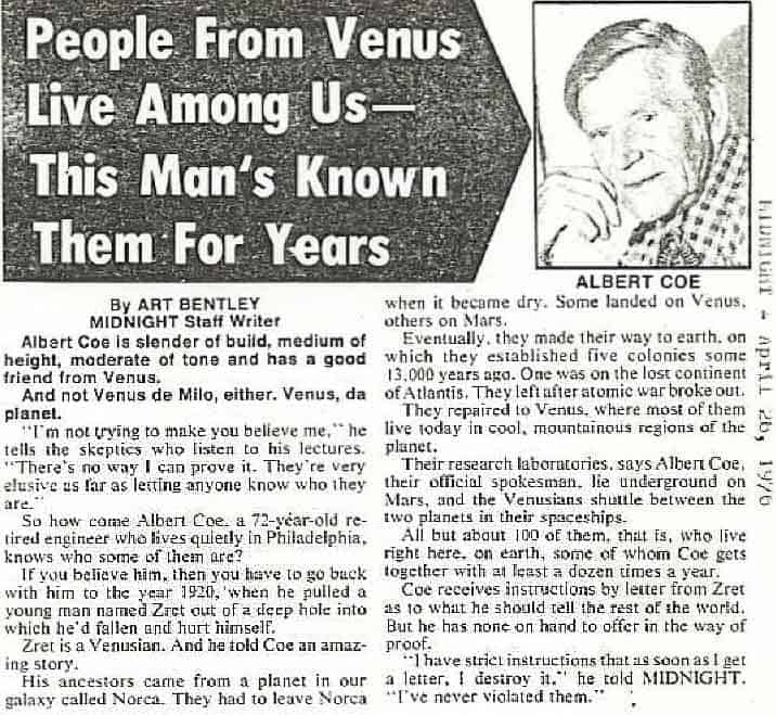 The Encounter Of Albert Coe With An Alien Named Zret From Planet Norca 3 People from Venus living among us.