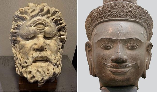 The Homeric Cyclopes Giants Of Italy- Giants With Third Eye, Blacksmiths & Builders 4 A curious resemblance to the head of a 1st century AD cyclops.
from the Roman Colosseum (left) and Shiva's head with a third eye from Cambodia 9th-10th century CE.
(on right)