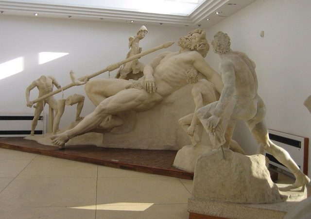 The Homeric Cyclopes Giants Of Italy- Giants With Third Eye, Blacksmiths & Builders 5 Heroes dazzle Polyphemus, reconstruction of a sculpture from the Villa of Tiberius in Sperlonga, Italy, 1st century AD.