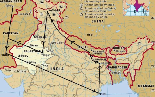 The probable route followed by Saint Issa in India, according to the account of Nikolai Notovitch.
