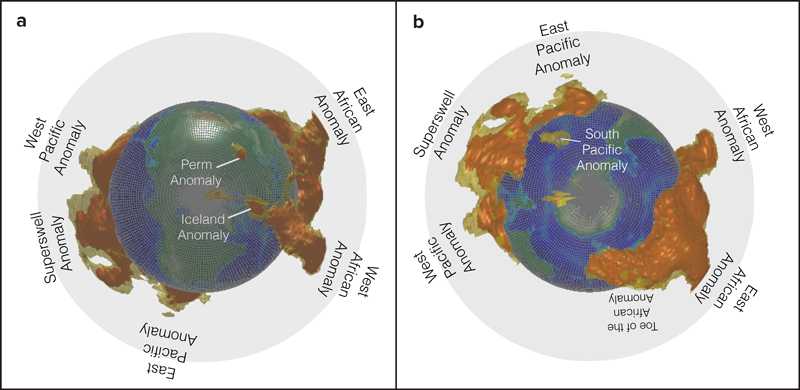 The blobs, seen from the (a) North and (b) South Poles. The two-toned structures show the shapes of the blob based on the agreement of five different models (brown) and three different models (tan) ( 400-Mile-Thick Metallic Ball )