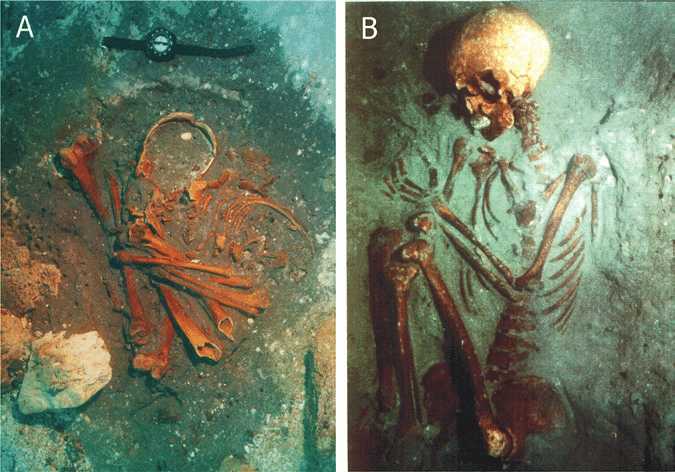 Atlit Yam- 9,000-Year-Old Neolithic Village With 65 Human Skeletons & Megaliths Discovered Off the Coast of Israel 3 Burials at Atlit Yam: (a) primary burial of a woman in flexed position, (b) woman and infant, both with evidence of infection by tuberculosis.