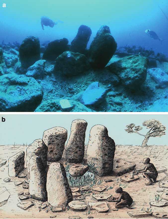 Atlit Yam- 9,000-Year-Old Neolithic Village With 65 Human Skeletons & Megaliths Discovered Off the Coast of Israel 1 The megalithic structure at Atlit Yam shows standing stones arranged in a circle. (a) The structure after excavation.