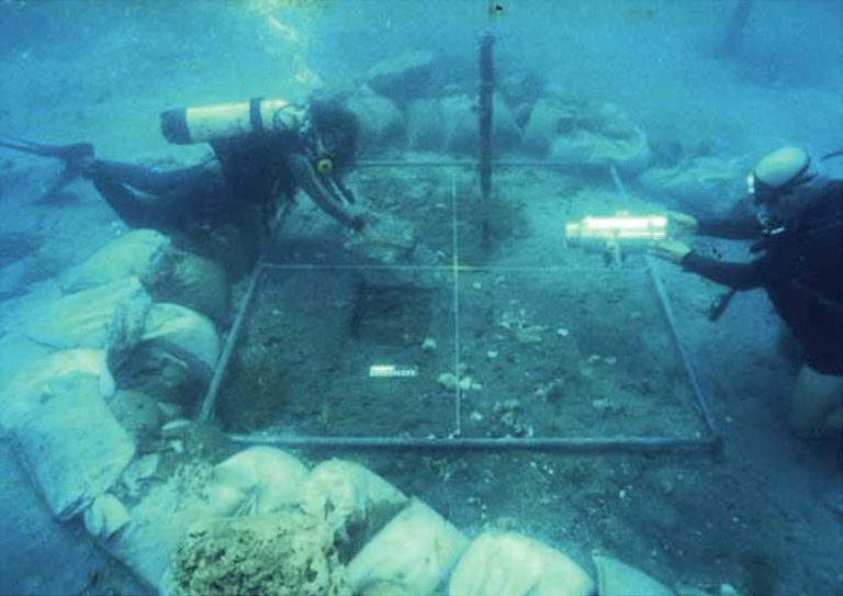 Atlit Yam- 9,000-Year-Old Neolithic Village With 65 Human Skeletons & Megaliths Discovered Off the Coast of Israel 2 Atlit-Yam structure 10a (concentration of fish bones and wheat grains) during the course of excavation.