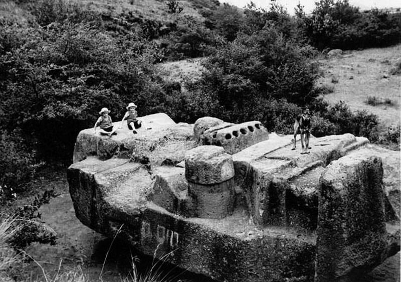 The monolith of Tlaloc in Coatlinchan, Mexico, in the mid 20th century.