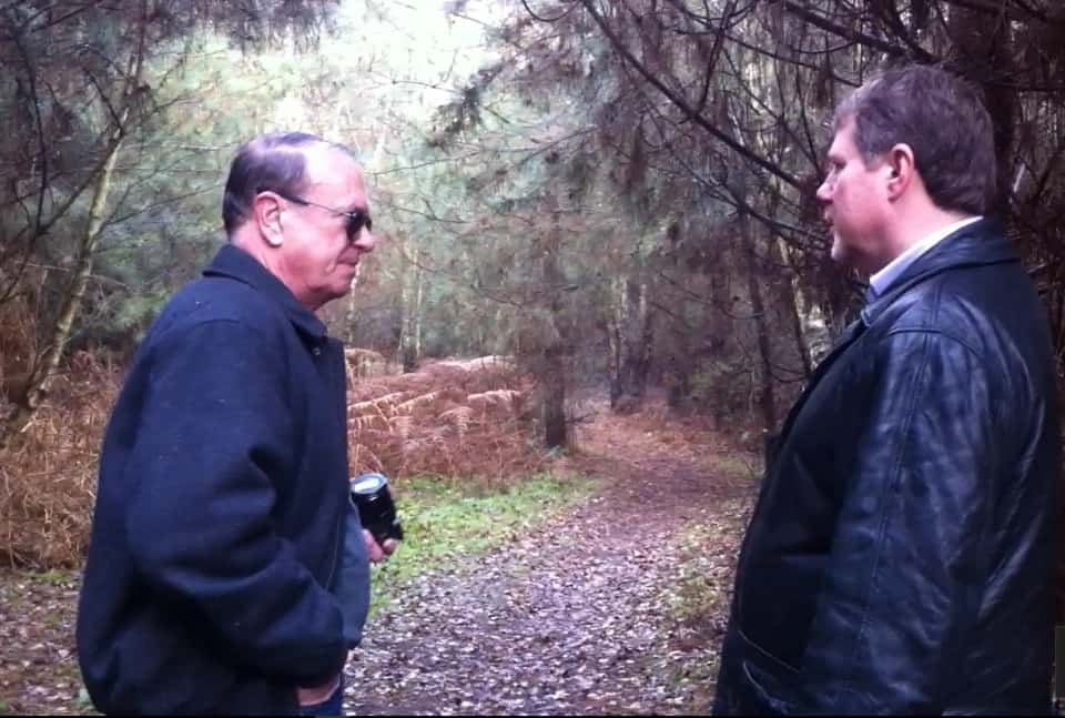 Retired Colonel Charles Halt and Retired police detective Gary Heseltine in Rendlesham Forest in 2010