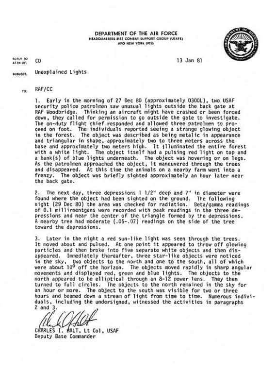 Official memo of Lt. Colonel Charles Halt about 1980 UFO incident (Rendlesham Forest)
