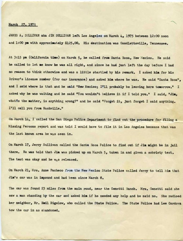 Barbara Sullivan’s notes on her husband’s disappearance