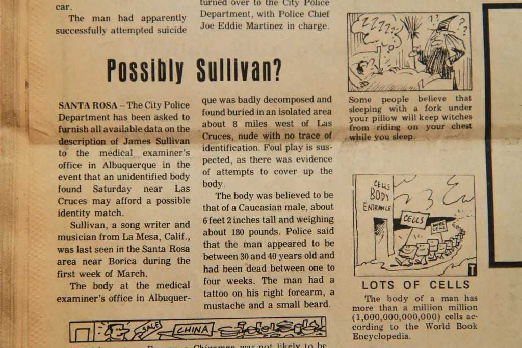 A New Mexico paper continued reporting on Jim Sullivan’s disappearance.