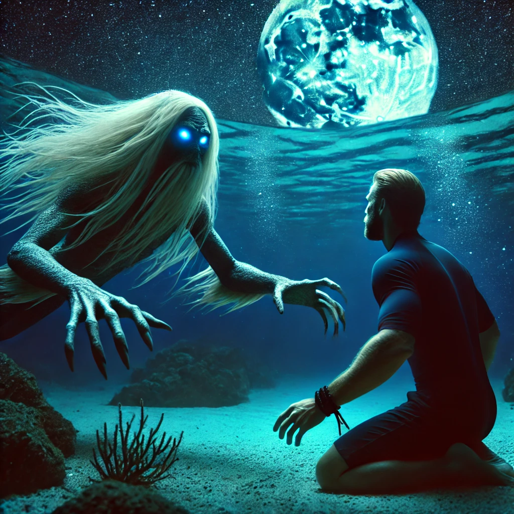 DALL·E 2024 06 24 00.38.00 An experienced swimmer having a close encounter with an underwater humanoid with long blonde hair and glowing blue eyes in the moonlit waters of Cape
