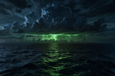 Scientists Finally Have a Explanation for the Bermuda Triangle — And It's Stranger Than Any Theory Before It 5 Aerial view of the Bermuda Triangle at night with mysterious glowing electromagnetic vortex rising from the ocean surface