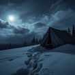 Moonlit Siberian mountainside with abandoned torn tent in snow - Dyatlov Pass incident 1959