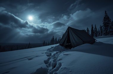 Moonlit Siberian mountainside with abandoned torn tent in snow - Dyatlov Pass incident 1959