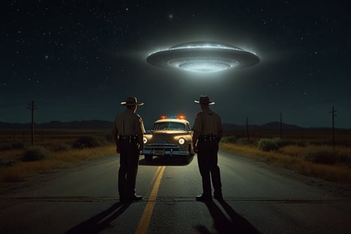 Levelland Texas 1957 sheriff deputies watching glowing UFO stall patrol car on rural highway