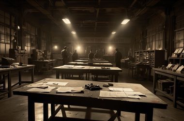 Newly Authenticated 1947 Documents Describe Roswell Bodies at Wright-Patterson — The Cover-Up Memo Has Been Found 3 1940s military warehouse with classified Roswell documents and unidentified metallic debris under armed guard — newly authenticated 1947 files