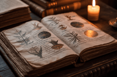 Ancient Voynich manuscript with unknown alphabet and plant illustrations by candlelight