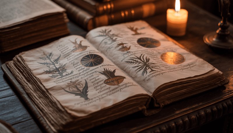 Ancient Voynich manuscript with unknown alphabet and plant illustrations by candlelight