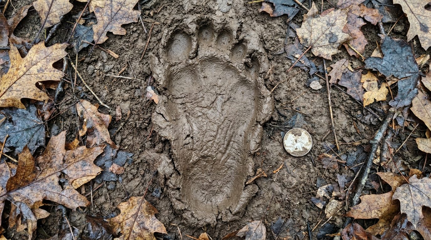 Six Bigfoot Sightings in Four Days: The Ohio Flap That Has Cryptozoologists Saying This Has Not Happened Since the 1970s 1 Large humanoid footprint pressed into soft forest mud with a US quarter coin for scale