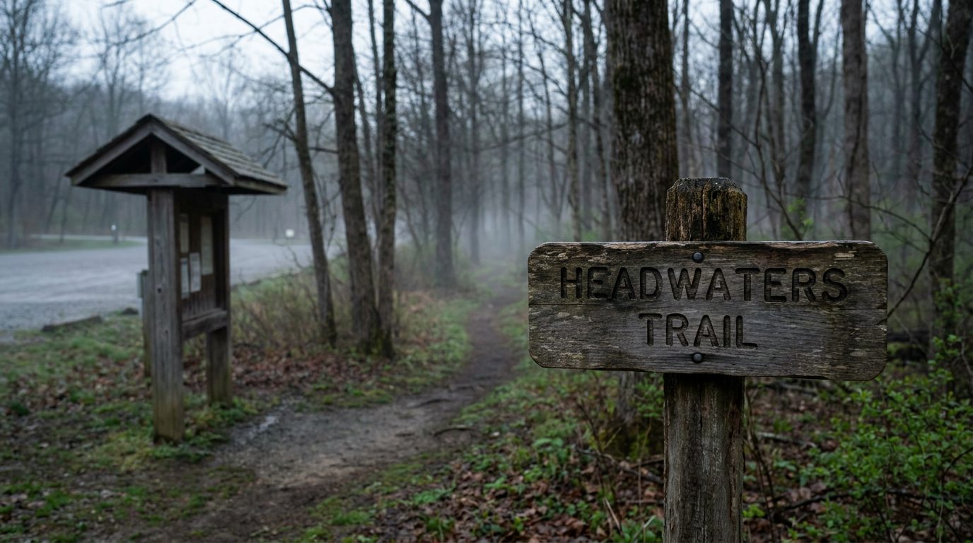 Six Bigfoot Sightings in Four Days: The Ohio Flap That Has Cryptozoologists Saying This Has Not Happened Since the 1970s 2 Wooden Headwaters Trail signpost at the entrance to mixed hardwood forest in northeast Ohio at dawn