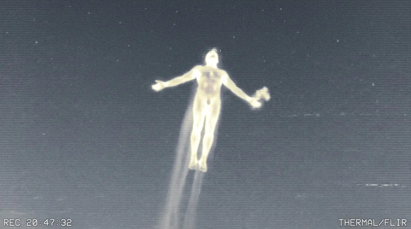 Pentagon Just Released Footage of a Flying Humanoid — And It Matches a 2015 Sighting Nobody Could Explain 1 Close-up military thermal camera capture of glowing humanoid figure with object in hand