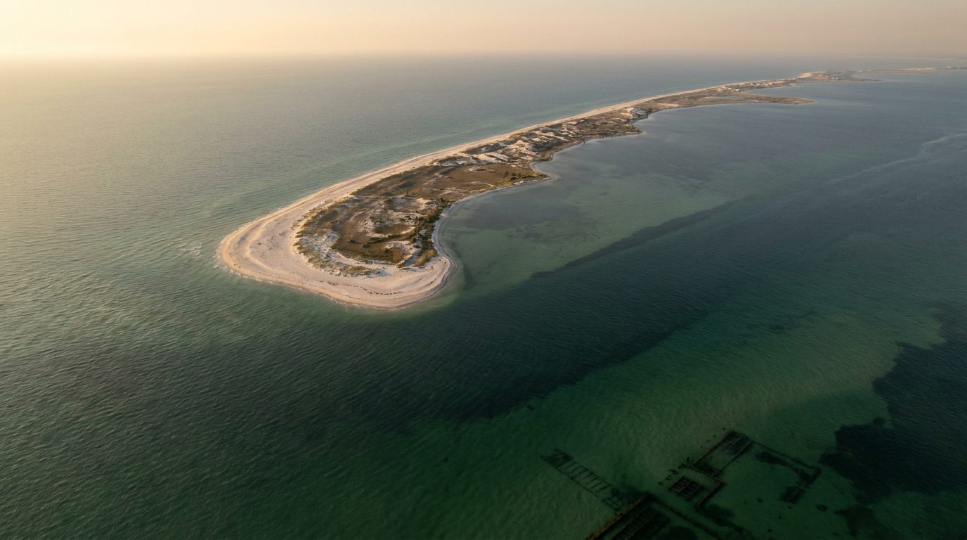 The 12,000-Year-Old Crescentis Pyramids: How a Retired Architect Spent 50 Years Mapping a Lost City Under the Gulf of Mexico 2 Aerial view of Chandeleur Islands barrier sand at golden hour with hints of submerged shadows in turquoise water