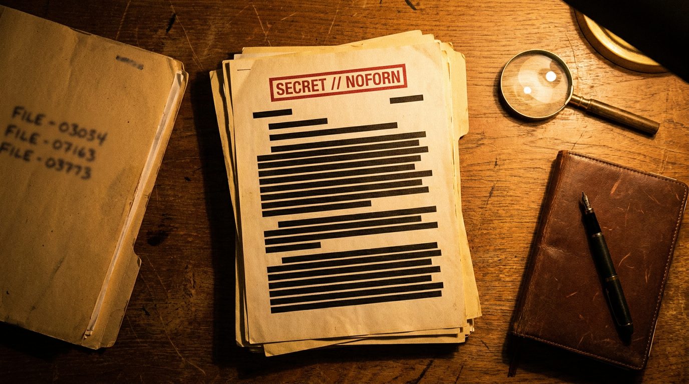 The NSA Just Quietly Released 200+ Pages of TOP SECRET UMBRA UFO Files — And Almost Nobody Is Talking About It 1 Stack of declassified NSA UAP documents with heavy black redaction bars on a wooden desk