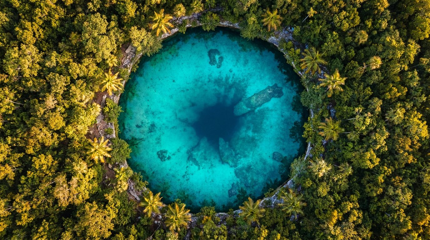 An 8,000-Year-Old Human Skeleton Discovered 200 Metres Inside a Flooded Yucatán Cave — And It Was Placed There Deliberately 1 Aerial top-down view of a circular Yucatan cenote with brilliant turquoise water set into dense green jungle canopy