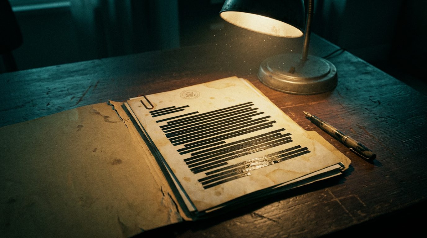Congressman Eric Burlison Demanded MITRE's UFO Records. They Go Back to 1930. 1 A redacted government document open under a desk lamp