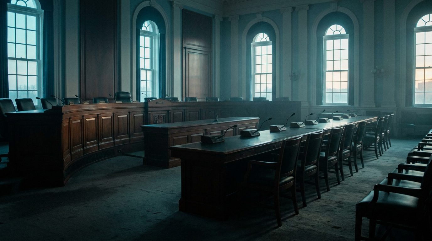Congressman Eric Burlison Demanded MITRE's UFO Records. They Go Back to 1930. 2 An empty congressional hearing room at dusk